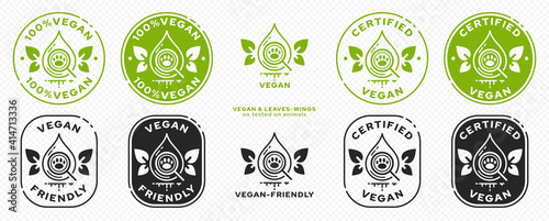 Concept for product packaging. Labeling - Vegan. The symbol for the drop tested for ingredients of animal origin is the result of a plant-based vegan product. Drop with wing-leaves. Vector set.