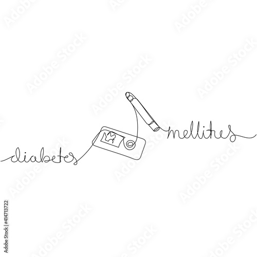 Continuous one line drawing of diabetes equipments and text DIABETES MELLITUS. Health concept. Minimalistic art.