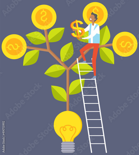 Man collects dollars from money tree. Guy stands on ladder and picks off coin vector illustration. Male character grows money and currency producing plant. Tree with coins grows from light bulb