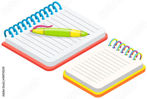 Two blank empty spiral notepad, notebook. Opened sketchpad with blank white sheets of paper isolated. Attribute of study, business, education. Copybook to write information and messages, scrapbook