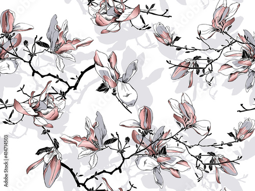 Floral Seamless pattern. Pink Magnolia flowers on a white background. Textile composition, hand drawn style print. Vector illustration.