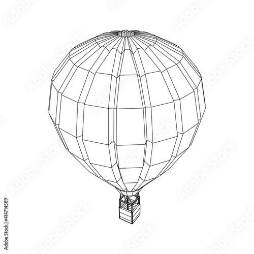 Airballoon design airway travel transport. Air ship with cabin. Wireframe low poly mesh vector illustration.