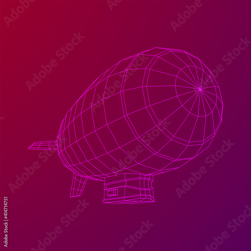 Airship dirigible airway travel transport. Air ship with gondola cabin. Wireframe low poly mesh vector illustration.