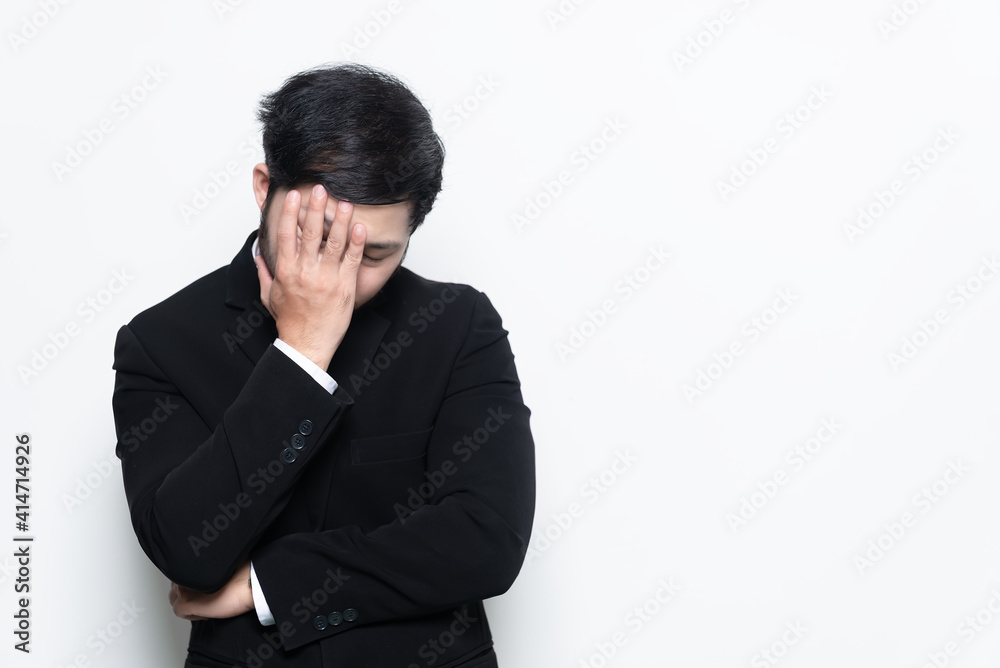 Portrait of asian handsome businessman wear suit on white background,Stress man concept Portrait of asian handsome businessman wear suit on white background,Stress man concept