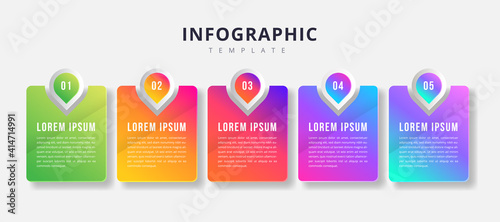 Business infographic colorful gradient process with square number icons. 5 options or steps. Vector illustration presentation template.