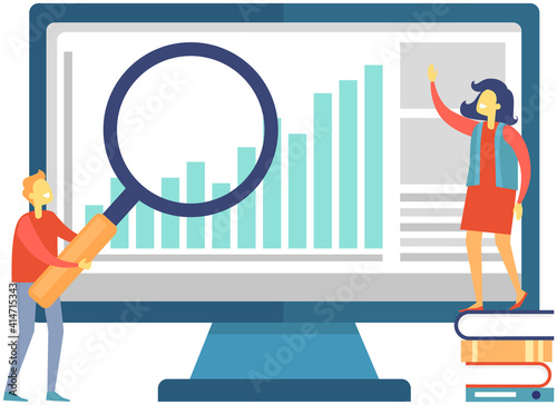 Man with magnifier showing diagrams on board to girl. Growth arrows and chart on table. Person holding big loupe near colorful screen presentation of marketing project. Colleagues discuss statistics