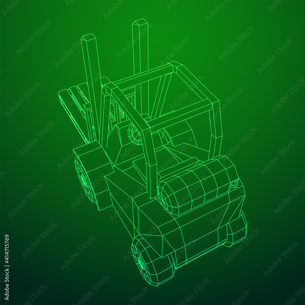 Forklift Loader lift truck with cargo pallet for warehouse. Logistics shipping concept. Wireframe low poly mesh vector illustration.