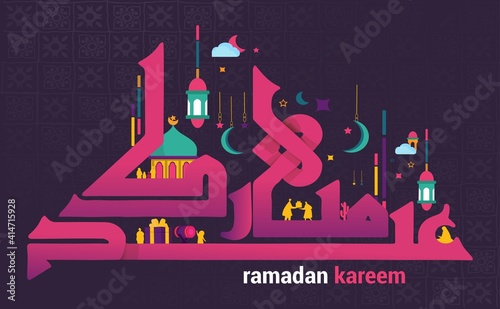 Ramadan kareem in cute arabic calligraphy with colorful design, lantern icon and muslim activity. the Arabic calligraphy means (Generous Ramadan). Dark background.  Vector illustration