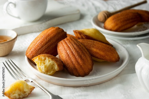 Madeleine cakes, french pastry. Served with cup of tea and honey. Breakfast. photo