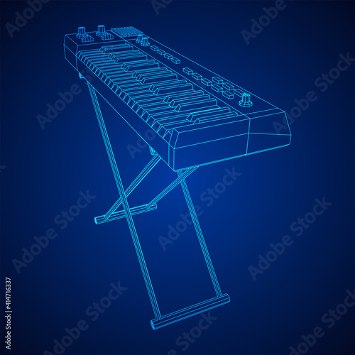 Piano roll analog synthesizer faders buttons knobs. Wireframe low poly mesh vector illustration.