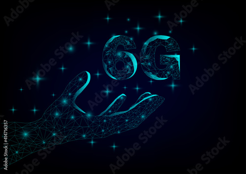 Mobile phone data technology and telecommunication global network concept. Low polygon dot connect line shape of hand with 6G on dark blue background.