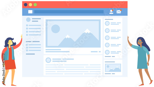 Tourists look at touristic agency web page in social networks and choose the direction to relax. Woman with agent planning active vacation to mountaine. People view news on website about weather