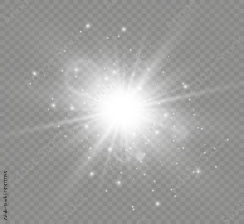 Special lens flash, light effect. The flash flashes rays and searchlight. illust.White glowing light. Beautiful star Light from the rays. The sun is backlit. Bright beautiful star. Sunlight. Glare.	