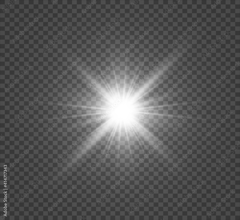 Special lens flash, light effect. The flash flashes rays and searchlight. illust.White glowing light. Beautiful star Light from the rays. The sun is backlit. Bright beautiful star. Sunlight. Glare.	