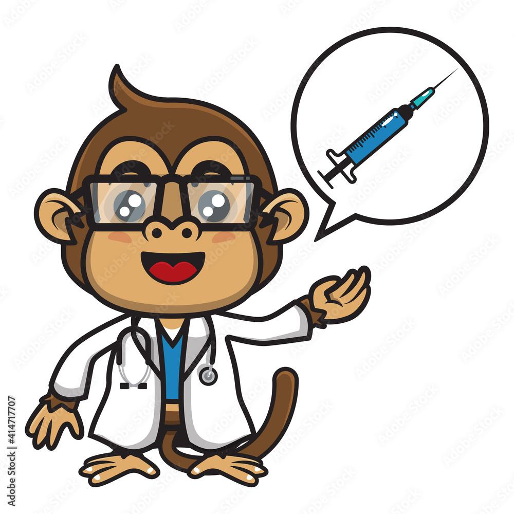 Funny Monkey cartoon characters wearing doctor's uniform, standing and carrying a stethoscope while showing vaccine injections on a text bubble, best for mascot of immunization education of children Funny Monkey cartoon characters wearing doctor's uniform, standing and carrying a stethoscope while showing vaccine injections on a text bubble, best for mascot of immunization education of children