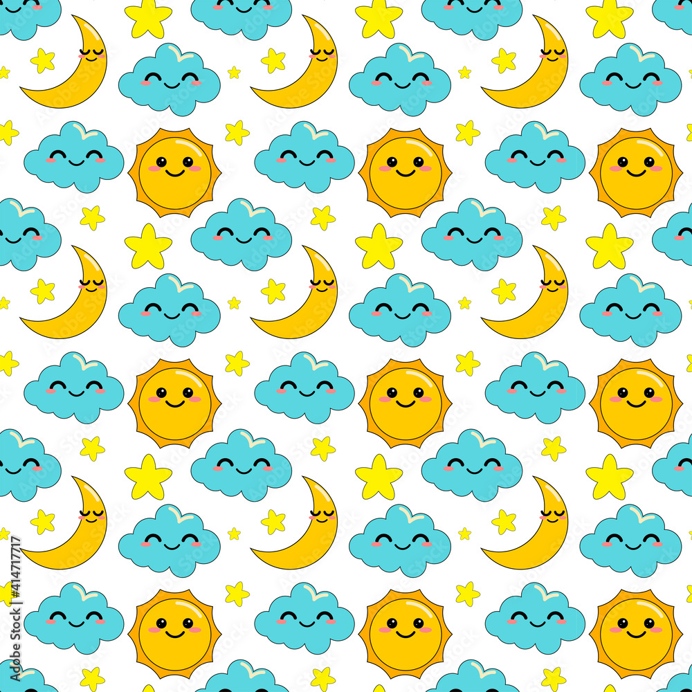 Obraz premium Pattern for children with moon, cloud, sun, and stars in cartoon style. On white background.