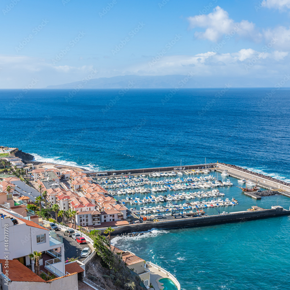 View of Los Gigantes marina with yachts and boats in Tenerife, Canary islands, Spain