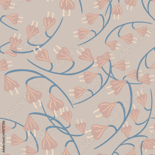 Nature vintage seamless pattern with random bell flowers ornament. Pastel pink and purple tones backdrop.