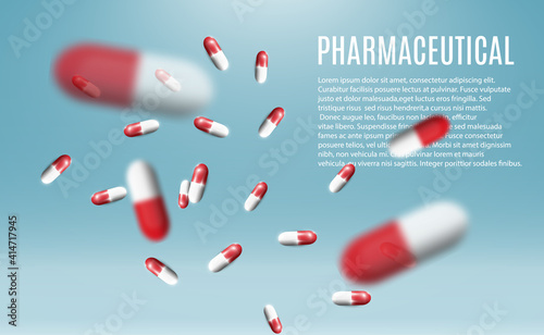 Pharmaceutical illustration of pills flying out of a bottle on a transparent background.