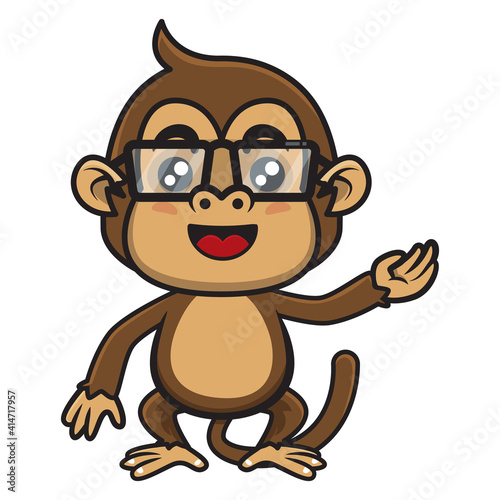 Funny Little monkey cartoon characters wearing eyeglasses and show direction with hand gesture  good for sticker of directions in the safari park