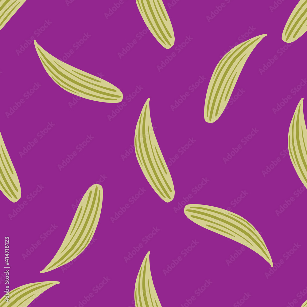 Minimalistic style seamless pattern with pale olive lily of the valley shapes. Purple background. Bright palette.