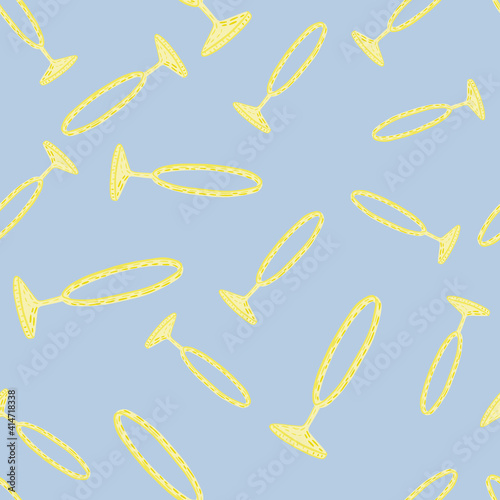 Abstract circus ring yellow silhouettes print seamless pattern. Light blue background. Hand drawn print.
