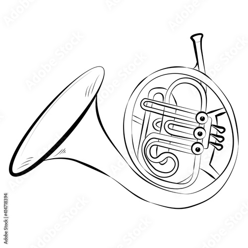 Hand drawing of French horn isolated on white background. Vector