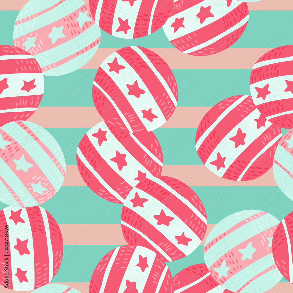 Obraz premium Seamless random pattern with pink colored circus ball elements. Striped pink and blue background.