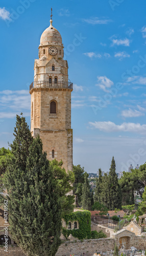 Benedictine Dormition Abbey bell tower. Ancient buildings around the Old City in Jerusalem, Israel. The Old City, Jerusalem's historic Center