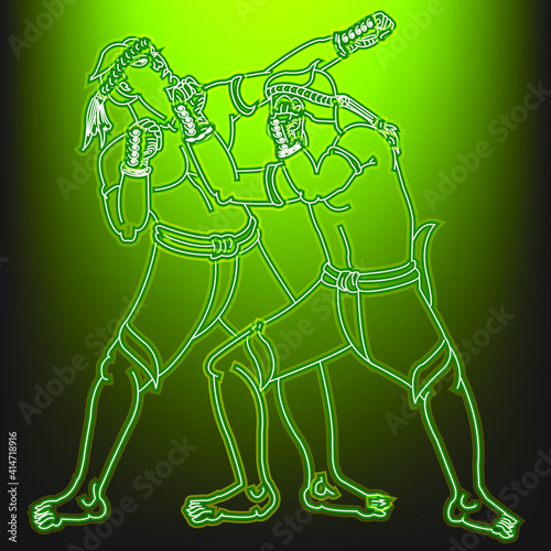 Neon muay thai on black background.1 of 15 styles of Mae Mai Muay Thai.This style is called Phrasumen mountain. Thai language is called Yor Khou Phra Su Main.