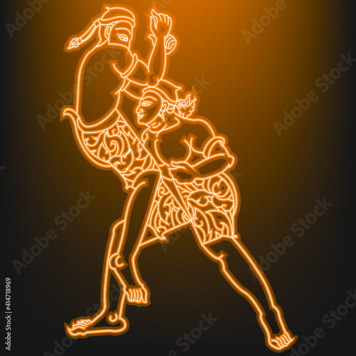 Neon muay thai on black background. This style is called Break the neck of an elephant. Thai language is called Hak Kor Chang Erawan.