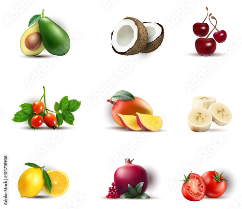 Fruits set isolated Vector realistic. Mango, coconut, avocado 3d detailed Ill...