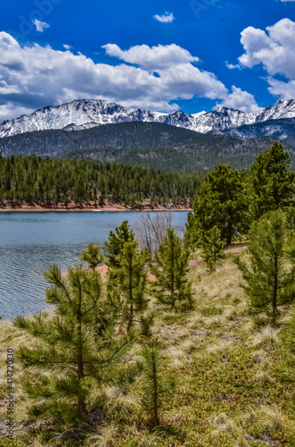 Crystal Creek reservoir near snow-capped mountains Pikes Peak Mountains in Colorado Spring  US