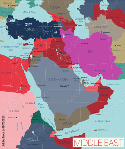 Middle East region detailed editable map with countries capitals and cities. Vector EPS-10 file