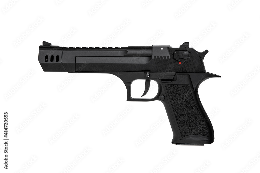 Black gun pistol isolated on white back A large and powerful modern gun. Weapons for sports and self-defense. Armament of police, army and special units.