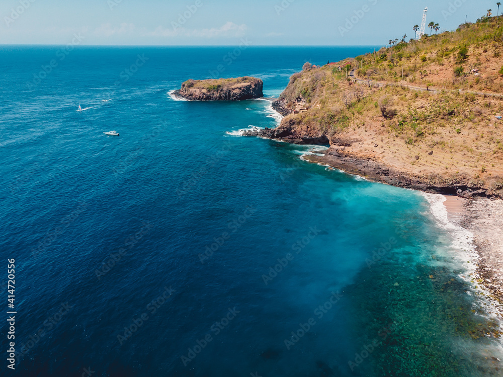 Aerial view of landscape with blue sea in East Bali Aerial view of landscape with blue sea in East Bali