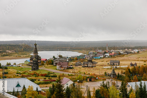 The village of Varzuga in autumn in cloudy weather