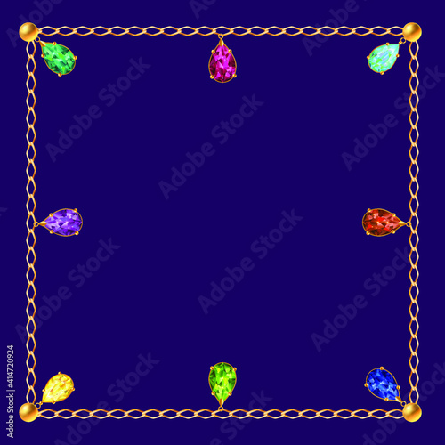 Scarf design with jewelry, chains and crystals on a purple background. 3d vector illustration. Golden frame. photo