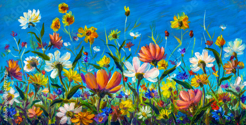 Fototapeta Naklejka Na Ścianę i Meble -  Extra Wide flower Panorama Of beautiful spring wildflowers chamomile painting