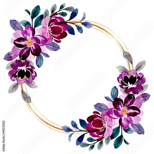 Watercolor purple floral wreath with golden circle