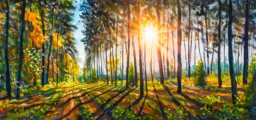 Leinwandbilder Schwarz Extra Wide Panorama Of Gorgeous Spring sunny summer Forest landscape  painting  © weris7554