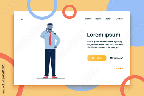Pilot of aircraft using headset. Man wearing airlines uniform flat vector illustration. Aviation, job, occupation concept for banner, website design or landing web page
