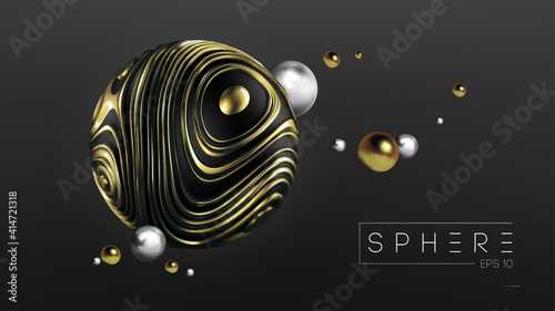 Modern 3d graphic concept. 3d sphere gold on black background for web design. Modern abstract liquid noise fluid form background. Vector mesh bronze gold.