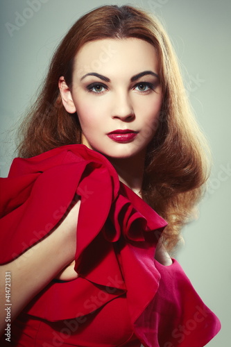 young woman in red riffle dress