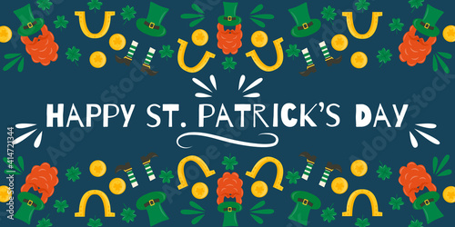Banner for St. Patrick's day with leprechaun head mask, clover, coin, horseshoe, gnome hat ang shoes. Design for greeting or post card,festive invitation, flyer, decoration, pub menu.