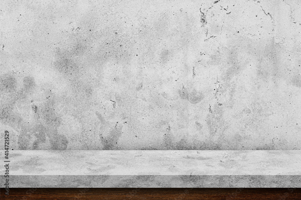 Empty stone table top on white concrete background, Template mock up for display of product. Empty stone table top on white concrete background, Template mock up for display of product.