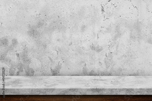 Empty stone table top on white concrete background, Template mock up for display of product.