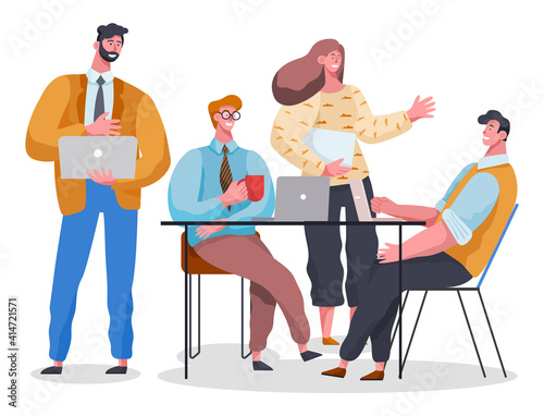 Businessmen dressed in formal clothes are sitting at the table with laptops and talking. Office workers discussing matters. Business meeting and consideration of working issues. Friendly team work