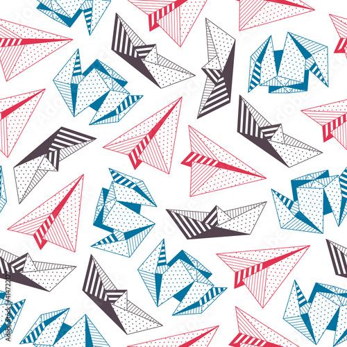 Origami Pattern with a Ship and an Airplane on a white background. The design for the packaging of the website. Seamless vector background. Vector illustration 