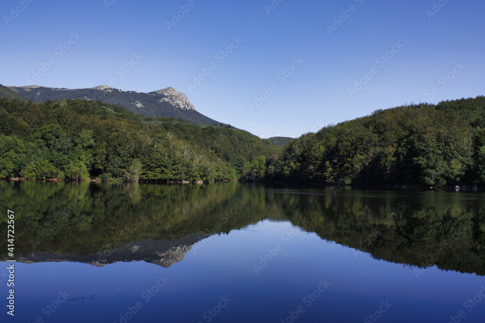 Still lake with forest reflections